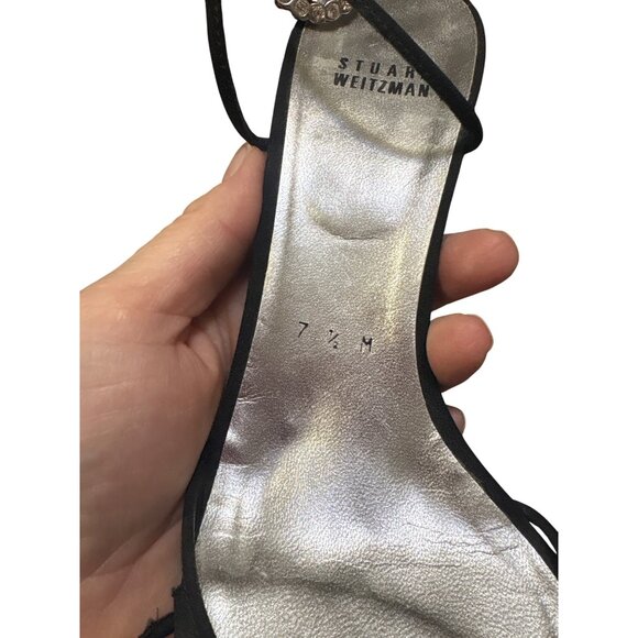 Stuart Weitzman Black Satin Rhinestone-Embellished Ankle Strap Stiletto Heels 7. - Picture 7 of 7